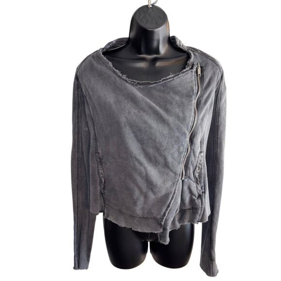 Free People Grey Asymmetrical Zip Up Distressed Shrunken Moto Jacket Coat, Sz S - Picture 1 of 5